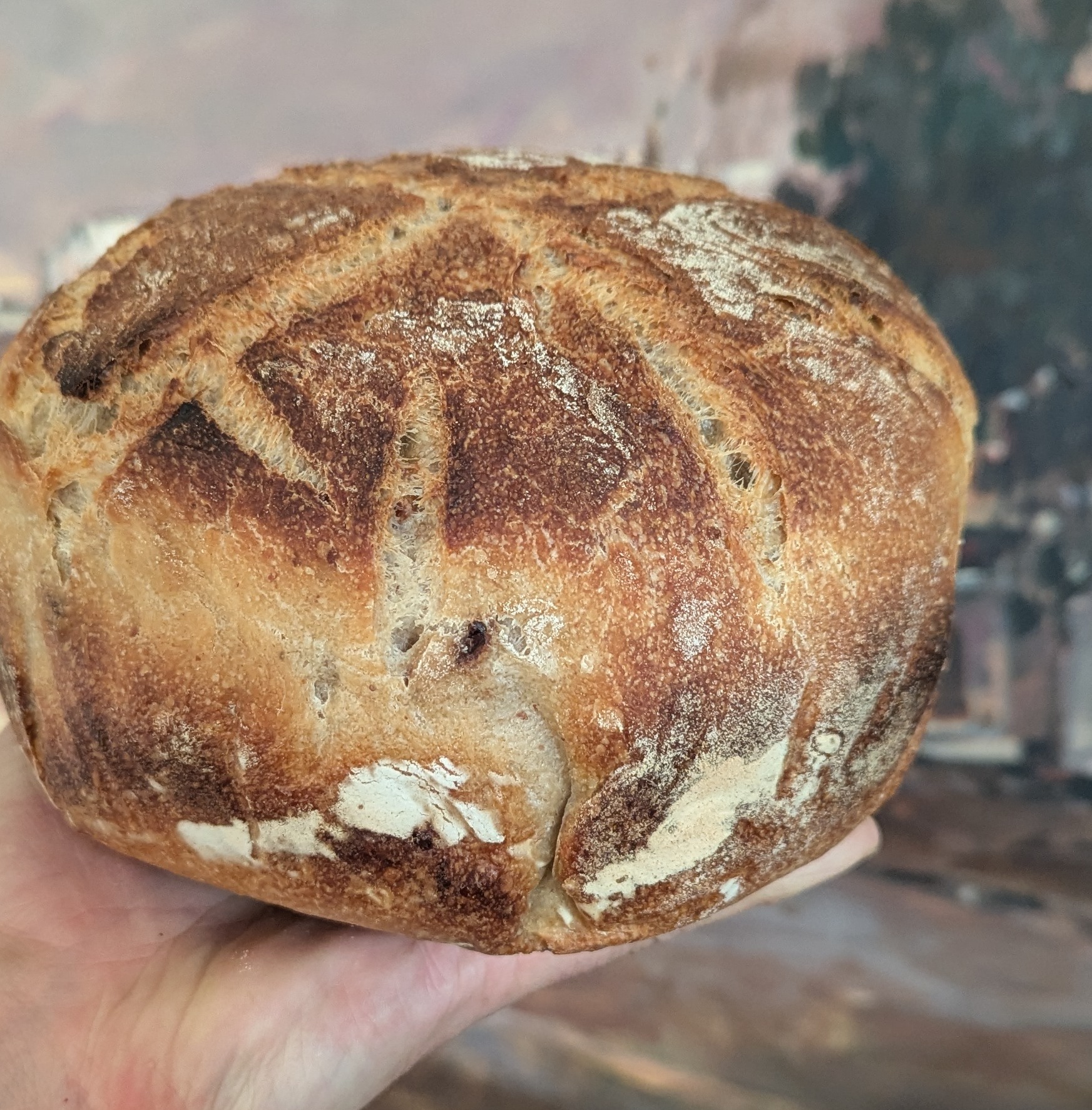 A hand-shaped sourdough loaf, held up, showing a deep crust and open crumb.